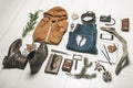 Overhead of essentials adventurer man. Royalty Free Stock Photo