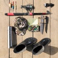 Overhead of essentials for fisherman. Fshing tackle and equipmen Royalty Free Stock Photo