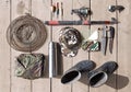 Overhead of essentials for fisherman. Fshing tackle and equipmen Royalty Free Stock Photo