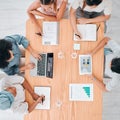 Overhead, finance, planning and business people in financial meeting, discussing growth and data in an office. Thinking Royalty Free Stock Photo