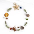 OVERHEAD FIR BRANCH AND MANY CHRISTMAS DECOR ORNAMENT IN CIRCLE