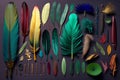 Overhead flat lay composition of exotic colourful bird feathers. Generative ai