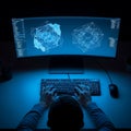 Overhead illustration of a developer typing on a sleek keyboard, illuminated by vibrant blue screen light, while complex abstract Royalty Free Stock Photo