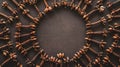 An overhead image of aromatic cloves arranged in a circular pattern. Generative Ai