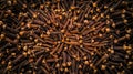 An overhead image of aromatic cloves arranged in a circular pattern. Generative Ai