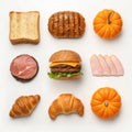 A collage of breakfast and baked goods featuring toast croissants and mini pumpkins transparent background Royalty Free Stock Photo