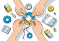 Teamwork Assembling Complex Mechanism with Gears and Electronics, Engineering Collaboration Concept Royalty Free Stock Photo