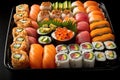 Overhead Japanese sushi food. Maki ands rolls with tuna, salmon, shrimp, crab and avocado. Royalty Free Stock Photo