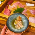 Overhead japanese sushi food. Maki ands rolls with tuna, salmon, shrimp, crab and avocado. Top view of assorted sushi, all you can Royalty Free Stock Photo