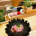 Overhead japanese sushi food. Maki ands rolls with tuna, salmon, shrimp, crab and avocado. Top view of assorted sushi, all you can Royalty Free Stock Photo