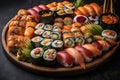 Overhead Japanese sushi food. Maki ands rolls with tuna, salmon, shrimp, crab and avocado. Royalty Free Stock Photo