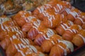 Overhead japanese sushi food. Maki ands rolls with tuna, salmon, shrimp, crab and avocado. Top view of assorted sushi, all you can Royalty Free Stock Photo