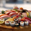 Overhead japanese sushi food. Maki ands rolls with tuna, salmon, shrimp, crab and avocado. Top view of assorted sushi.