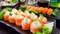 Overhead japanese sushi food.  rolls with salmon and avocado, all you can eat menu, Sushi roll japanese food in restaurant Royalty Free Stock Photo