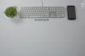 Keyboard, pen, mobile phone and pot plant on white background Royalty Free Stock Photo