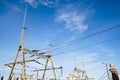 Overhead line wire over rail track. Power lines.