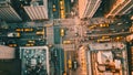 An overhead perspective of a bustling city street with multiple yellow taxis in motion, An overhead view of an electric taxi in a