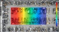 Detailed aerial view of a high tech manufacturing facility with a rainbow spectrum overlay indicating data or temperature Royalty Free Stock Photo