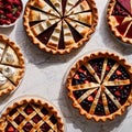 Overhead photo of different pies, tarts, and deserts on white marble table