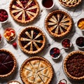 Overhead photo of different pies, tarts, and deserts on white marble table