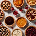 Overhead photo of different pies, tarts, and deserts on white marble table