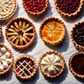 Overhead photo of different pies, tarts, and deserts on white marble table