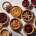 Overhead photo of different pies, tarts, and deserts on white marble table