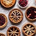 Overhead photo of different pies, tarts, and deserts on white marble table