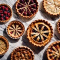 Overhead photo of different pies, tarts, and deserts on white marble table