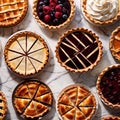 Overhead photo of different pies, tarts, and deserts on white marble table