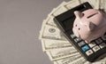 Overhead photo of moneybox pink pig with calculator and money dollars cash isolated on the grey background