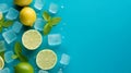 Overhead photo of pile of limes lemon cubes of ice mint and drops isolated on the blue background with blank space, Generative AI Royalty Free Stock Photo