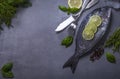 Overhead photo of sea bream fish with seasonings