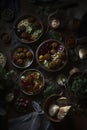 overhead photo of a table set with various dishes including falafel, hummus, rice, and pita bread in a dark, moody atmosphere, ai