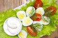 An overhead photo of vegetable salad with mayonnaise, boiled quail eggs, dill, fresh tomato and lettuce. A served salad photo from Royalty Free Stock Photo