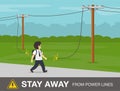 Overhead power line safety. School boy looking at sagging or downed power line.