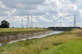 Overhead power lines span the River Nene in Cambridgeshire Royalty Free Stock Photo