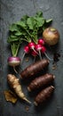 Overhead Shot of Assorted Root Vegetables on Dark Surface Royalty Free Stock Photo