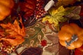 Overhead Shot Of Autumn Or Fall Table Decoration At Home With Pumpkins And Leaves Royalty Free Stock Photo