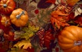 Overhead Shot Of Autumn Or Fall Table Decoration At Home With Pumpkins And Leaves Royalty Free Stock Photo