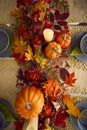 Overhead Shot Of Autumn Or Fall Table Decoration At Home With Pumpkins And Leaves Royalty Free Stock Photo