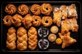 an overhead shot of a baking tray with an assortment of freshly baked pastries