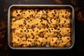 overhead shot of a baking tray with uncooked cookie dough