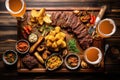 overhead shot of bbq platter paired with craft beer flight