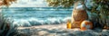 Overhead shot of a beach bag filled with towels, sunscreen, and a beach ball on the Royalty Free Stock Photo