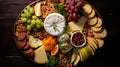 An overhead shot of a beautifully arranged cheese platter