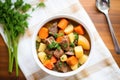 overhead shot of beef stew with carrots and potatoes