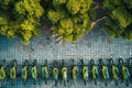 Overhead shot of a bike-sharing station with bicycles. Copy space