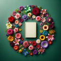 A blank White paper encircled by a perfect circle of mixed colorful flowers. floral background, Mockup, colorful background Royalty Free Stock Photo