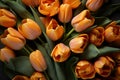 Overhead shot Blank paper card amidst orange and yellow tulips